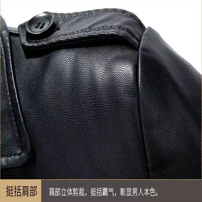 Free shiping new black sheepskin soft matte men smart casual long style leather trench thick warm coat over coat on sale men leather jacket