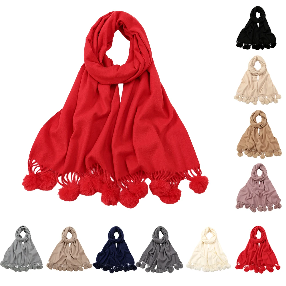 

Warm Winter Wool Cashmere Pom Pom Scarf Thick with Ball Pashmina Large Stole Women Hijab Headwrap Shawl Oversize Blanket Scarves