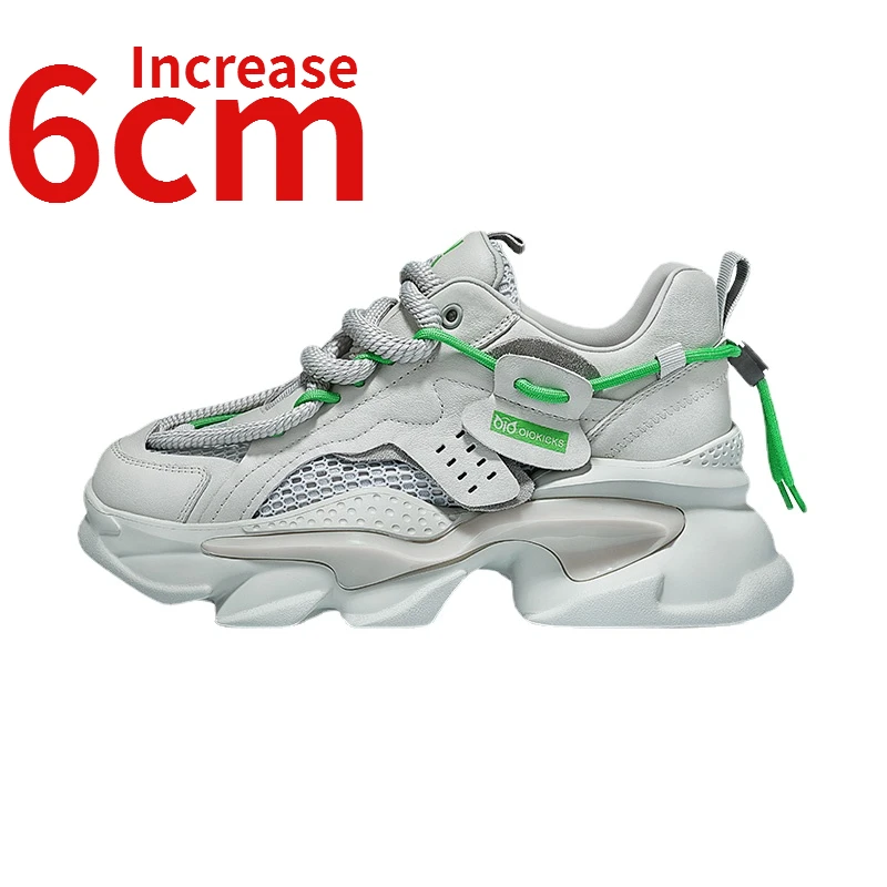 

Couple's Sneakers Increase 6cm Men Shoes Genuine Leather Mesh Ice Feel Thick Sole Sports Casual Shoes Breathable Ins Dad's Shoes