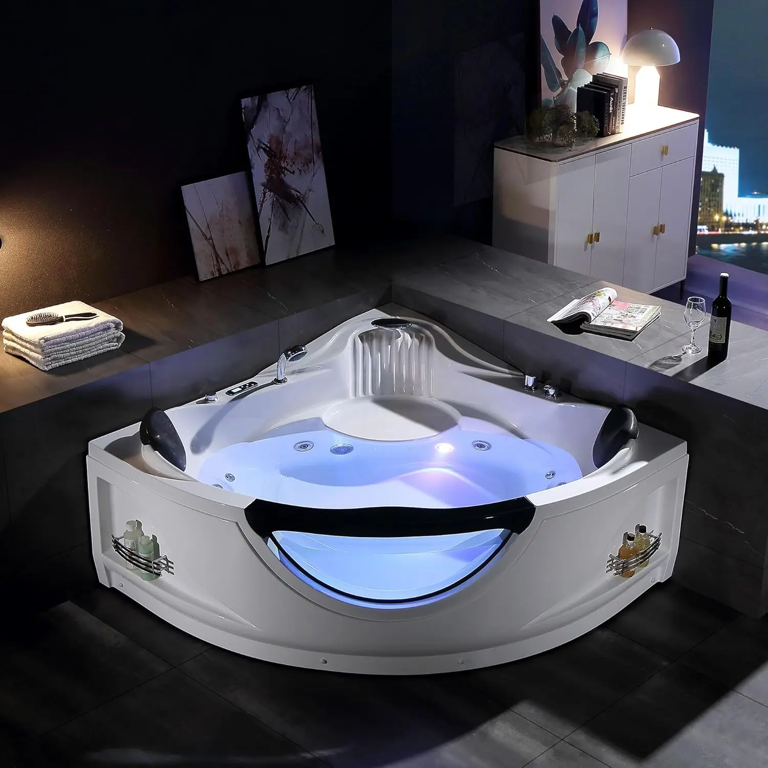 Corner Whirlpool Bathtub with Heater 2 Person 59" Jetted Tub with Light,Spa Hydromassage Chromatherapy AcrylicWhite