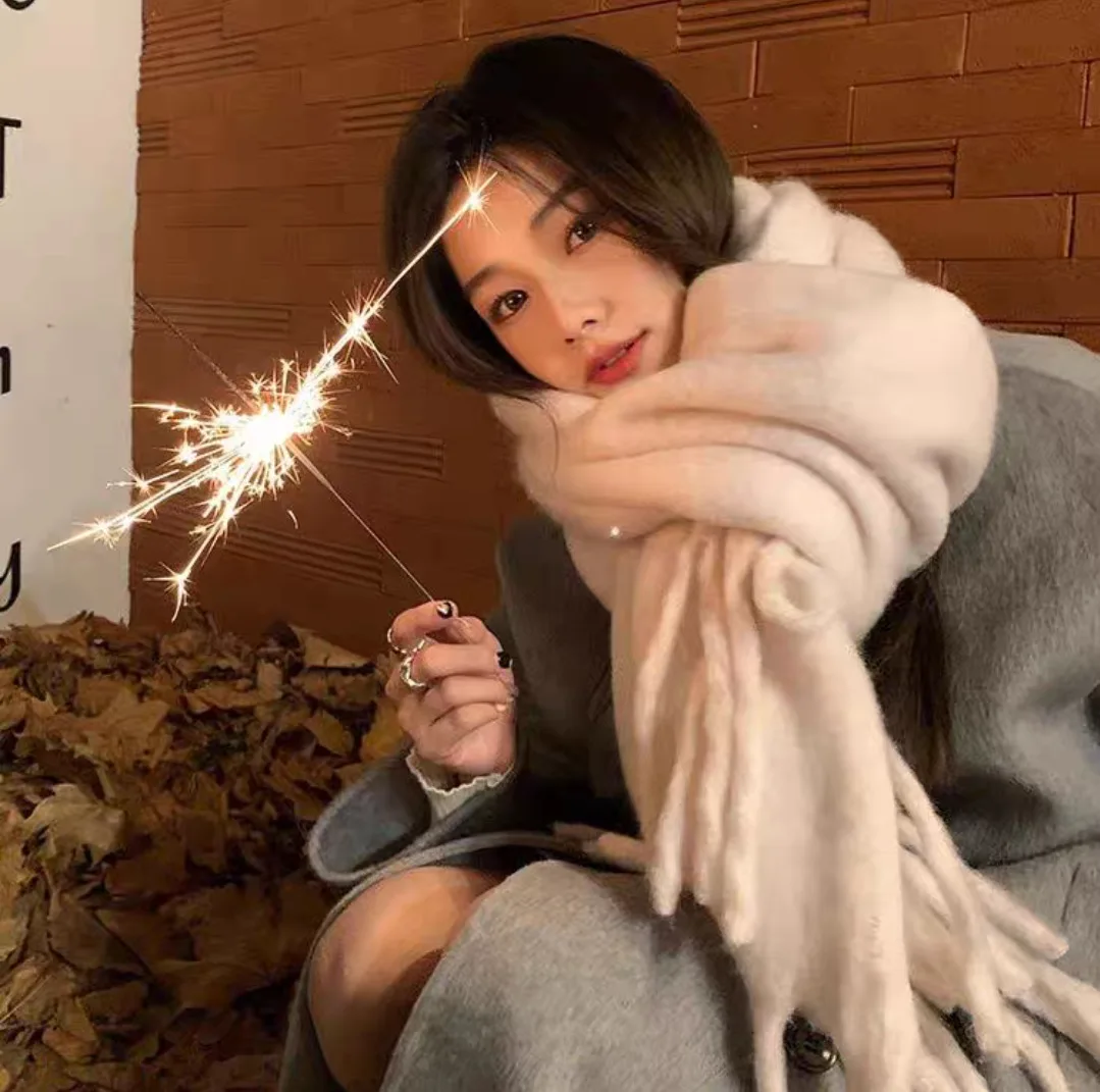 모헤어 단색 여성 스카프, 따뜻한 턱받이 두꺼운 양모 니트 두꺼운 프린지 숄, 외부 면 스카프, 겨울 신상