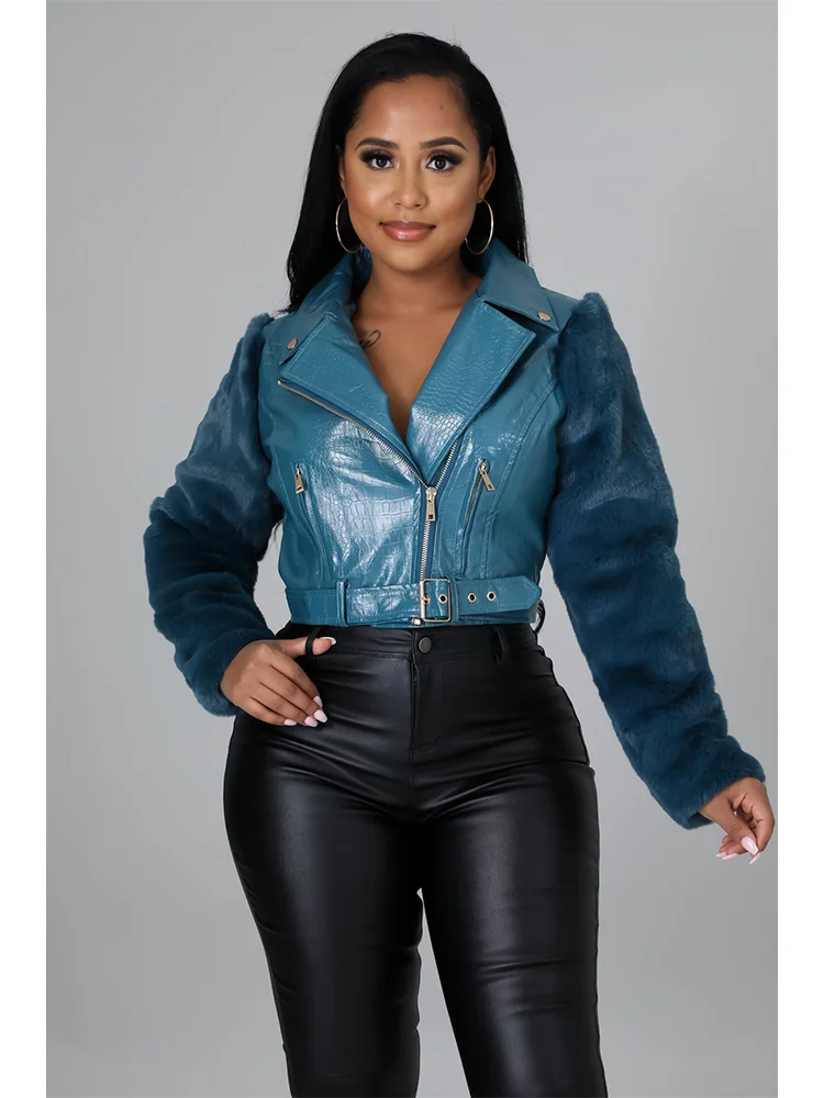 

Women's Faux PU Leather Jacket Lapel Collar Zipper Fly Patchwork Short Jacket Winter Streetwear Biker&Moto Style Outerwear