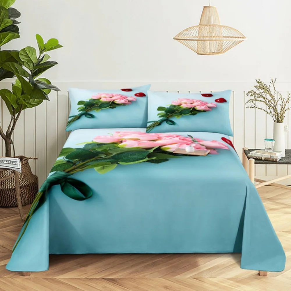 Rosa Rose Bettlaken-Sets, 3D-Druck, Blumen, flach, weicher Bezug für Damen, Kinder, Mädchen, König, Königin, volle Zwillingsgröße, Leinen-Raumdekoration – Detail 14