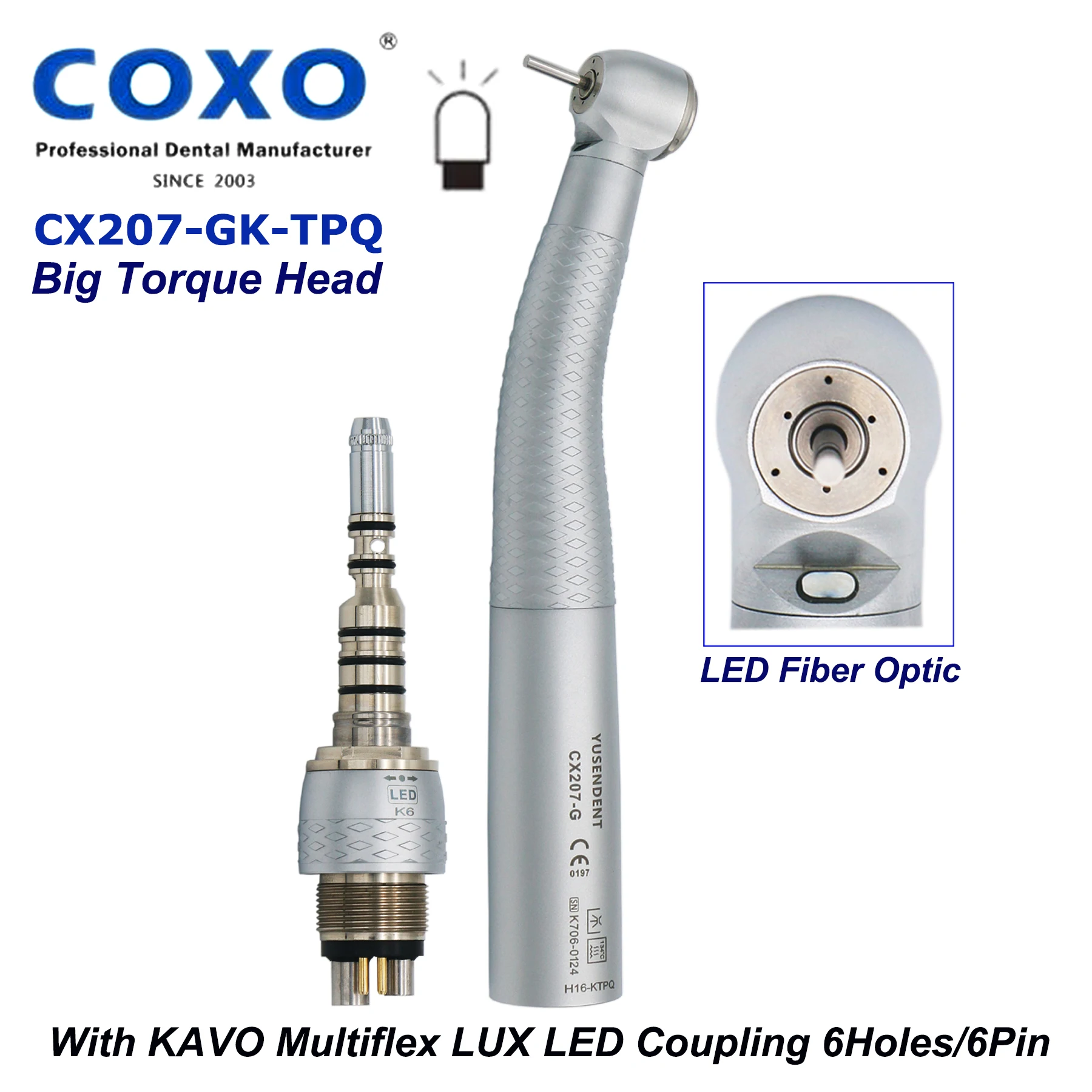 

COXO YUSENDENT Dental High Speed Fiber Optic LED Air Turbine Big Torque Head Handpiece With KaVo Multiflex LUX LED Coupling 6Pin