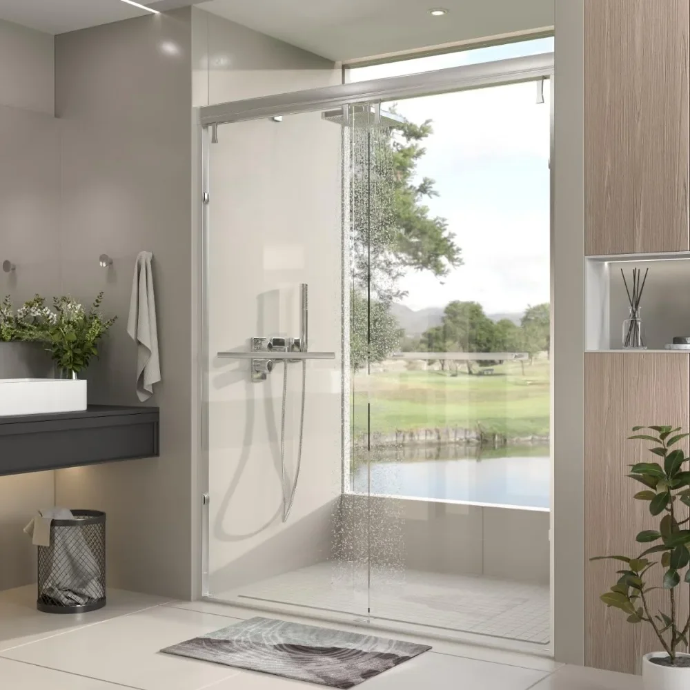 Shower Door 56-60"W Sliding Showers Doors Semi-Frameless Double Sliding with Burst Film Tempered Glass Bathroom Shower Door