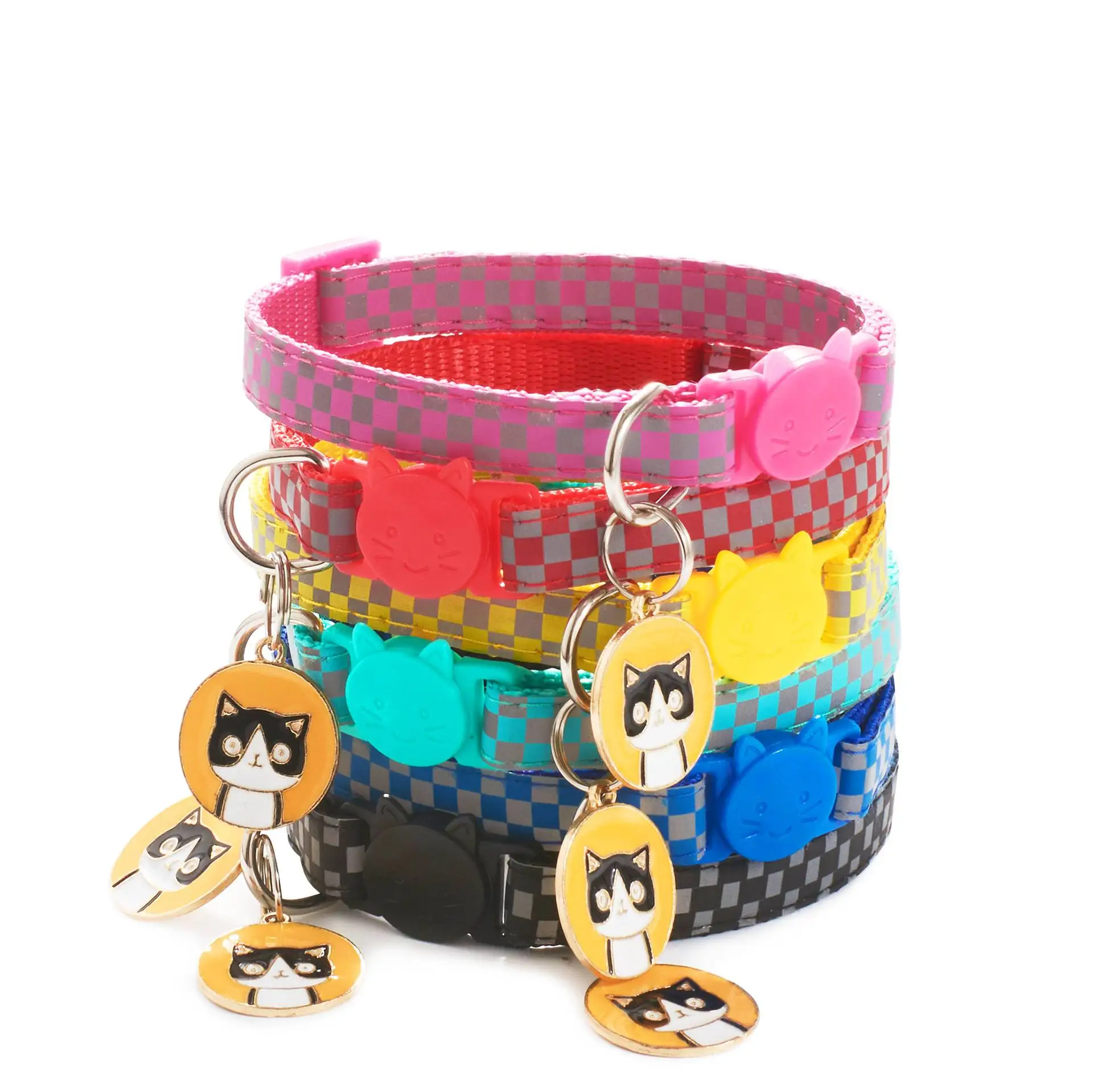 

12 Colors Cat Pendant Pet Collar Grid Adjustable Nylon Buckle Check Reflective Pet Collar Cat Head Pattern Accessories