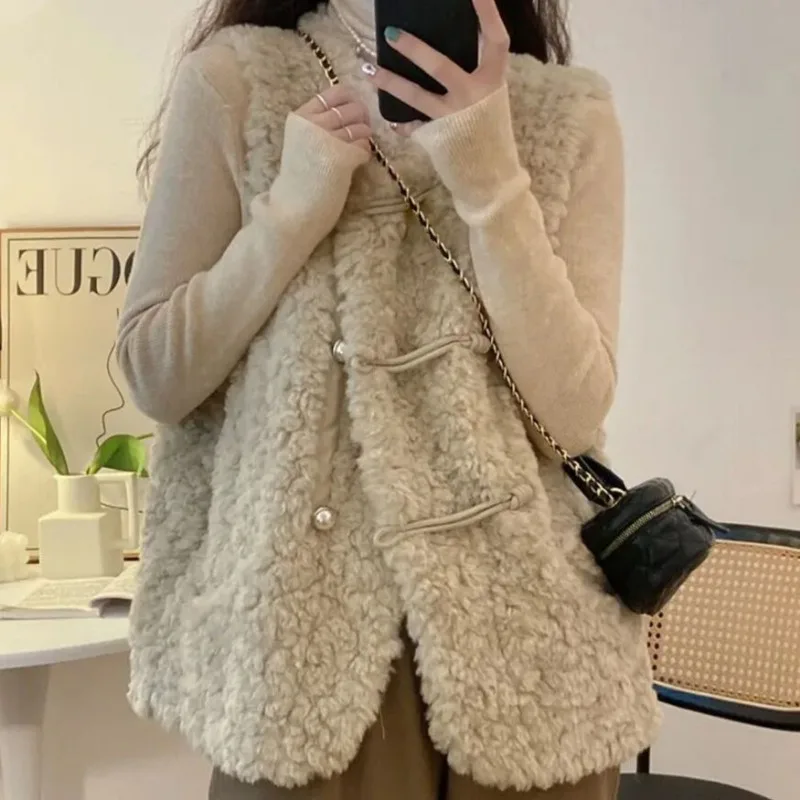 Lamb Wool Vests Women Sleeveless Cardigan Jacket Single-breasted Coats Warm Korean Chic Waistcoat Tops Jacket Vests New