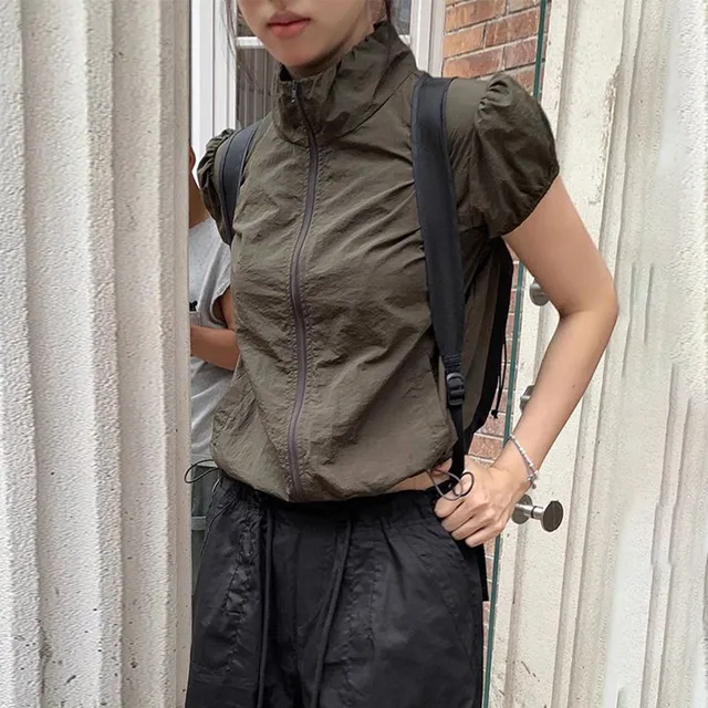 Women'S Clothing Sales New Street Retro Top Camping Style Thin Zipper Stand Up Neck Short Sleeve Sun Short T Shirt Instagram Y2k 1