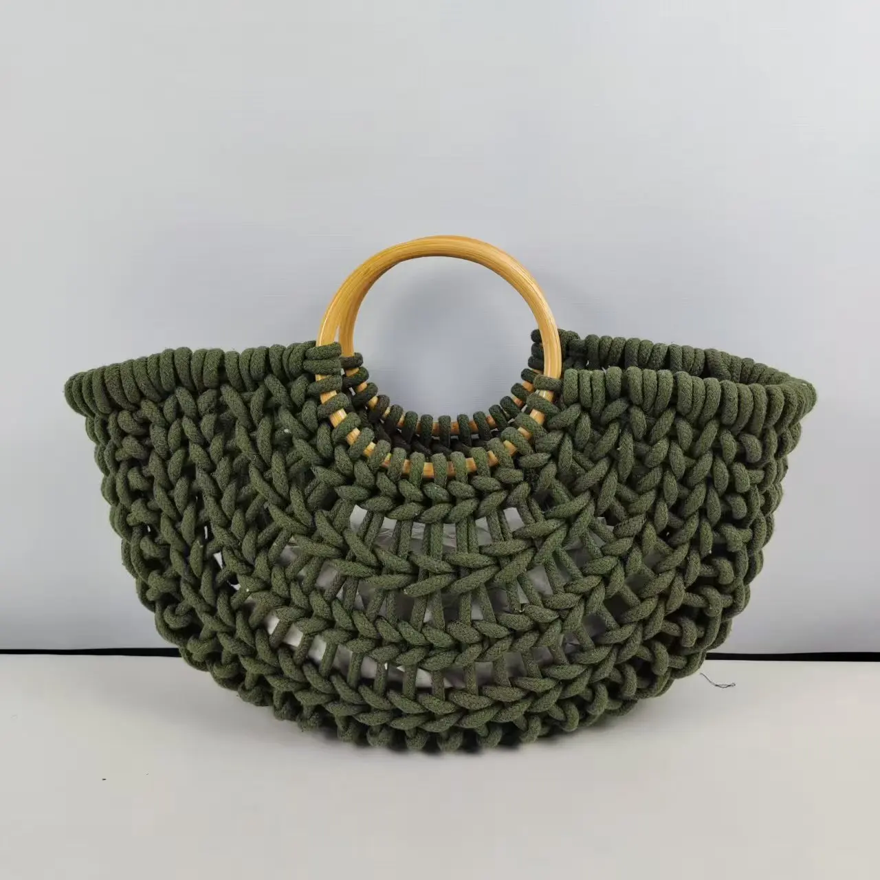 Cotton thread rope wood Bag Women Hand-Woven Handbag Moon Shape Rattan Bag Drawstring Casual Beach Shoulder Crossbody Bag