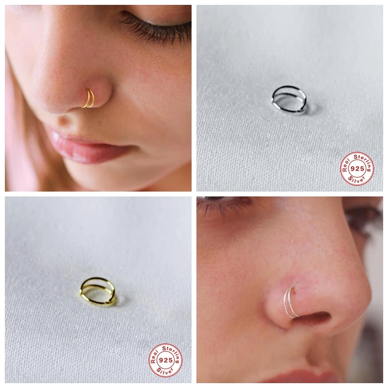 925 Sterling Silver Double Circle Nose Rings For Women Girls Small Open Hoop Ring Type Piercing Cartilage Stud Body Jewelry nose piercings
