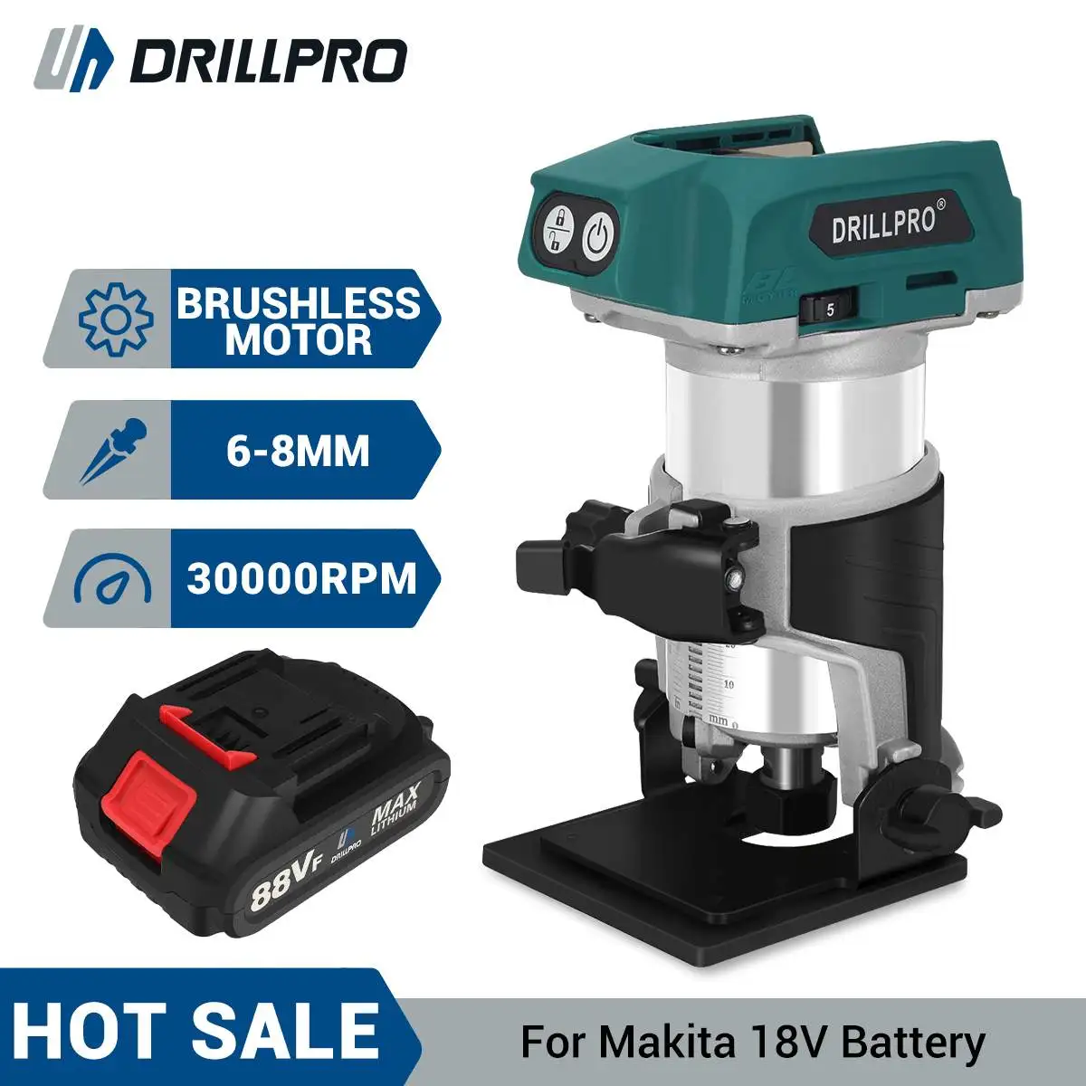 Drillpro 5 Speeds Brushless Electric Hand Trimmer Cordless Wood Router Woodworking Engraving Slotting for 18V Battery