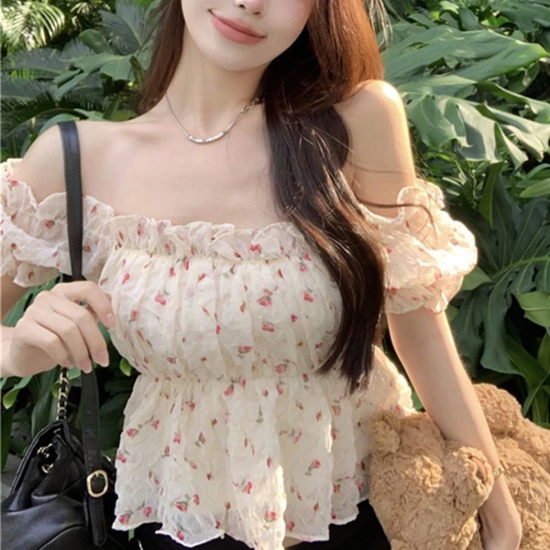 

Slash Neck Blouses Women Floral Elegant Puff Sleeve Summer Hotsweet Crop Tops Streetwear Female Vacation Daily Korean Style