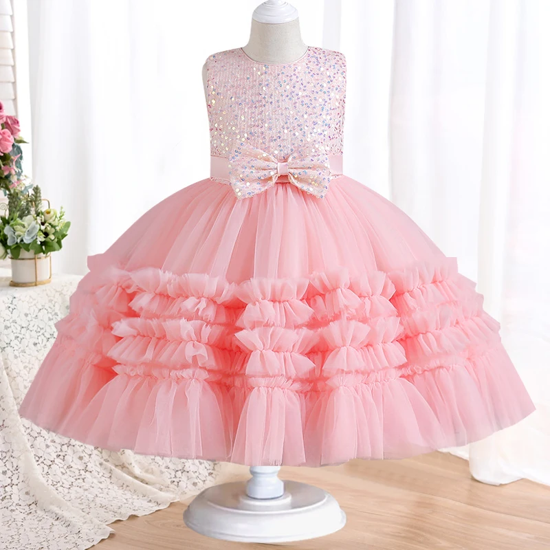 

Girls' sequin bow princess dress 4-12 year old children's sleeveless mesh cake dress Halloween banquet host evening dress