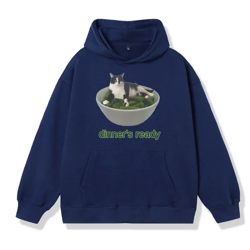 Dinner's Ready Bean Cat Funny Graphic Hoodie Men Women Cartoon Oversized Cotton Fleece Pullover Fashion Sweatshirt Y2k Clothes