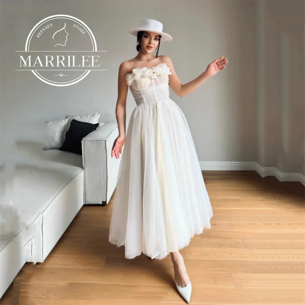 Marrilee Elegant 3D Flower Ankle Length Evening Dress Charming Strapless A-line Sweetheart Sleeveless Prom Gowns Formal Occasion sirene elegant off shoulder strapless tulle wedding dress a line sleeveless sweetheart backless stain prom gowns robe de mariée