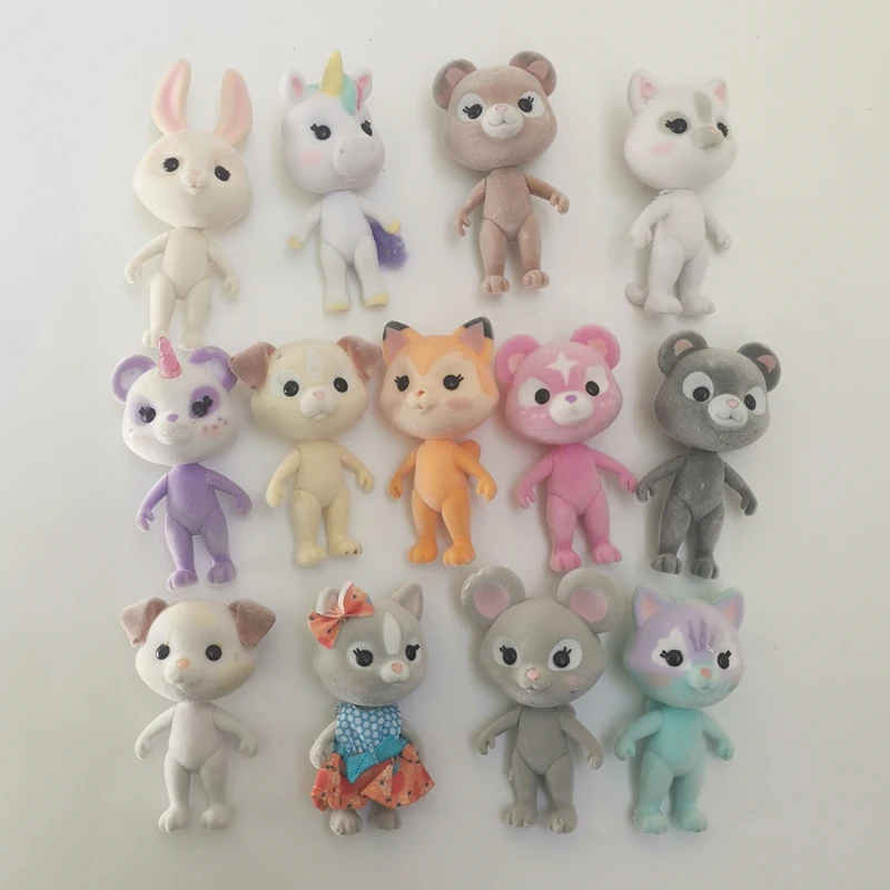 5-80Pcs Big Head Cute Forest Family Animal Action Figure Rabbit Bear Dog Cat Pony Cow Unicorn Flocked Shaggy Model Toy for Kid