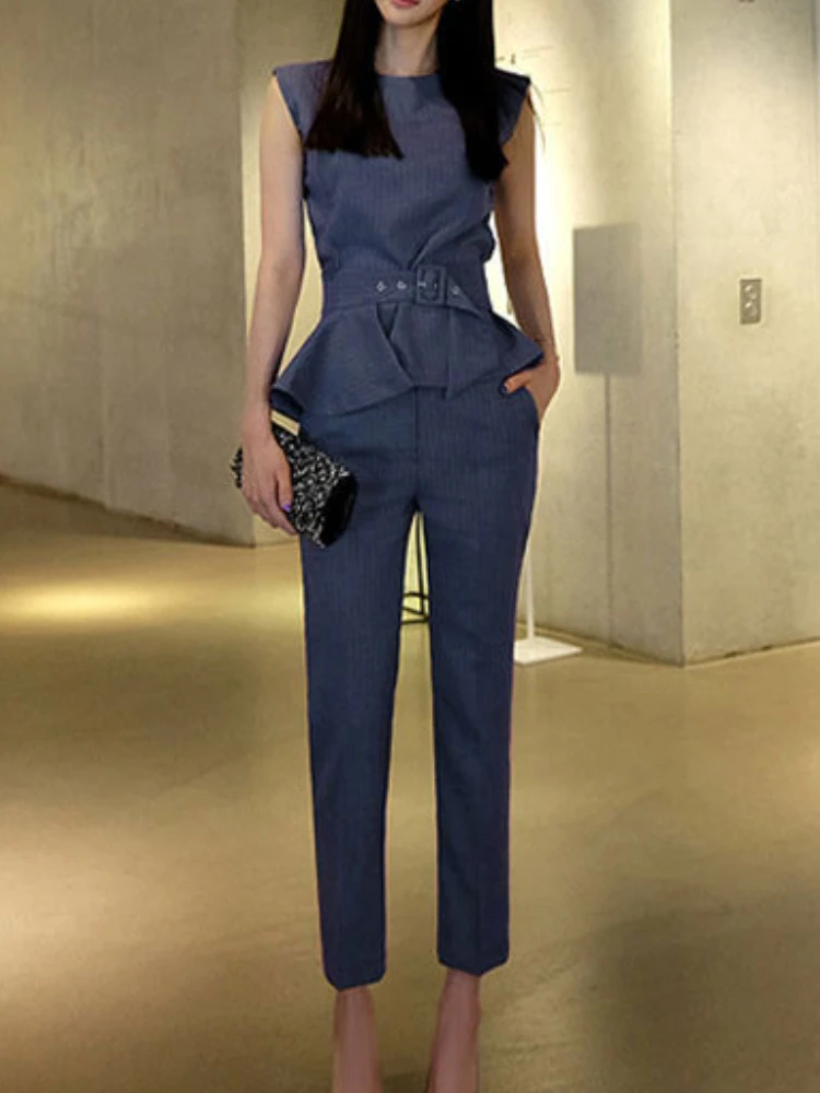 Fashion Korean Elegant Solid Pantsuit Women Summer Sleeveless Casual Shirts Tops Pencil Pants 2 Pieces Set Female Chic Clothes xnwmnz 2023 women s fashion fit bodysuit woman casual versatile o neck sleeveless female chic bodysuit