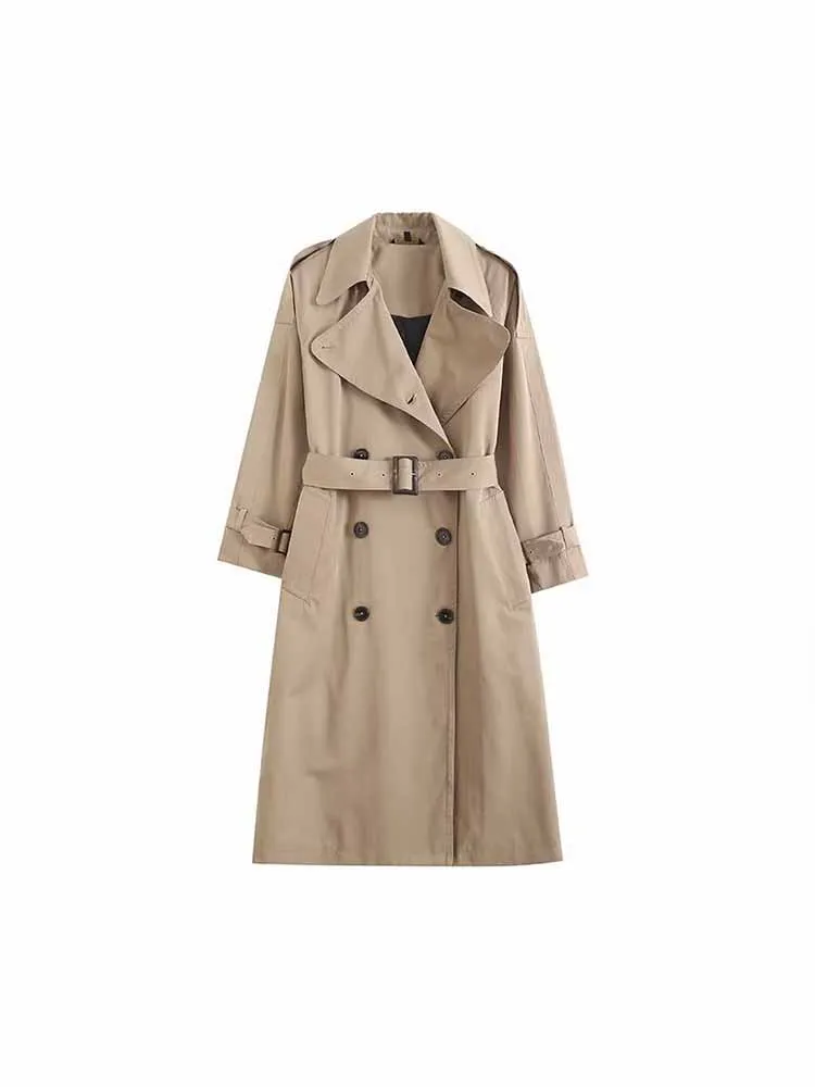 

Женский двубортный длинный тренчкот с поясом, винтажная верхняя одежда с длинным рукавом, шикарное пальто, новинка 2023