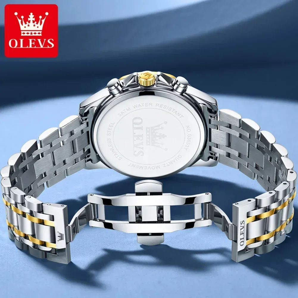 OLEVS Men's Stainless Steel Waterproof Quartz Watch with Moon Phase and Luminous Calendar