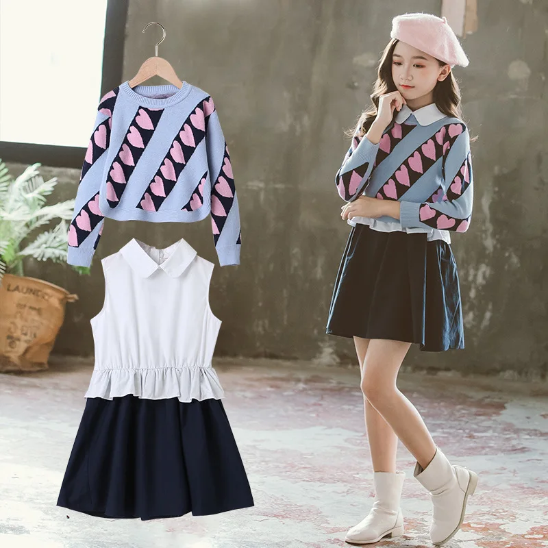 

2023 Korea Summer Children Spring Girls Dress Junior Girl Pullover O-neck Top Elementary Girl Sleeveless Dress Girl 2-Piece Sets
