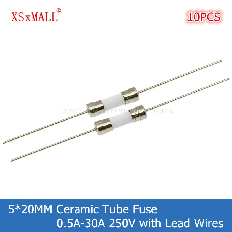 Fast Blow Slow-Blow Ceramic Tube Fuse with Lead Wires 0.5A 1A 1.5A 2A 2.5A 3A 4A 5A 6.3A 8A 10A 15A 20A 25A 30A 250V 10PCS 5*20MM