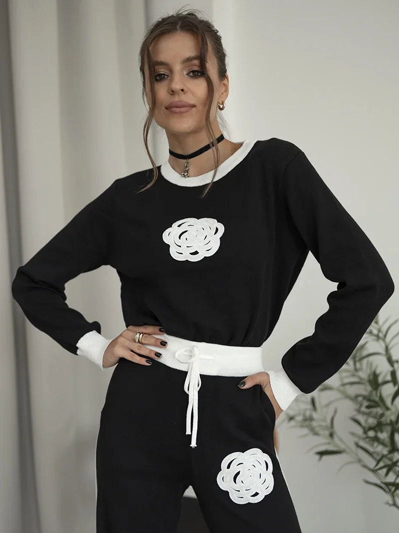 Two Piece Set Women Outfit 2024 Winter Outfit Embroidery Sweater Matching Sets Knit Tracksuit Casual Wear Set For Women