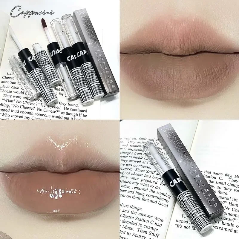 Matte Lip Glaze Double Head Mirror Lipstick Moisturizing Water Gloss Dark Raincoat Solid Color Non-stick Cup Korea Lip Makeup