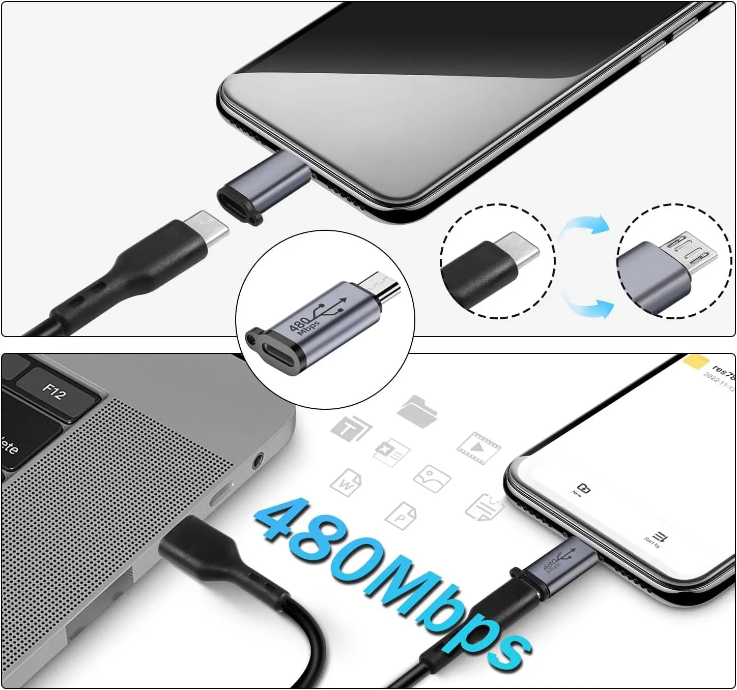 마이크로 USB 수-USB C 암 충전 데이터 커넥터, 480Mbps USB 2.0 플러그-USB C 잭 어댑터, MP3 용, 18W, 1 개