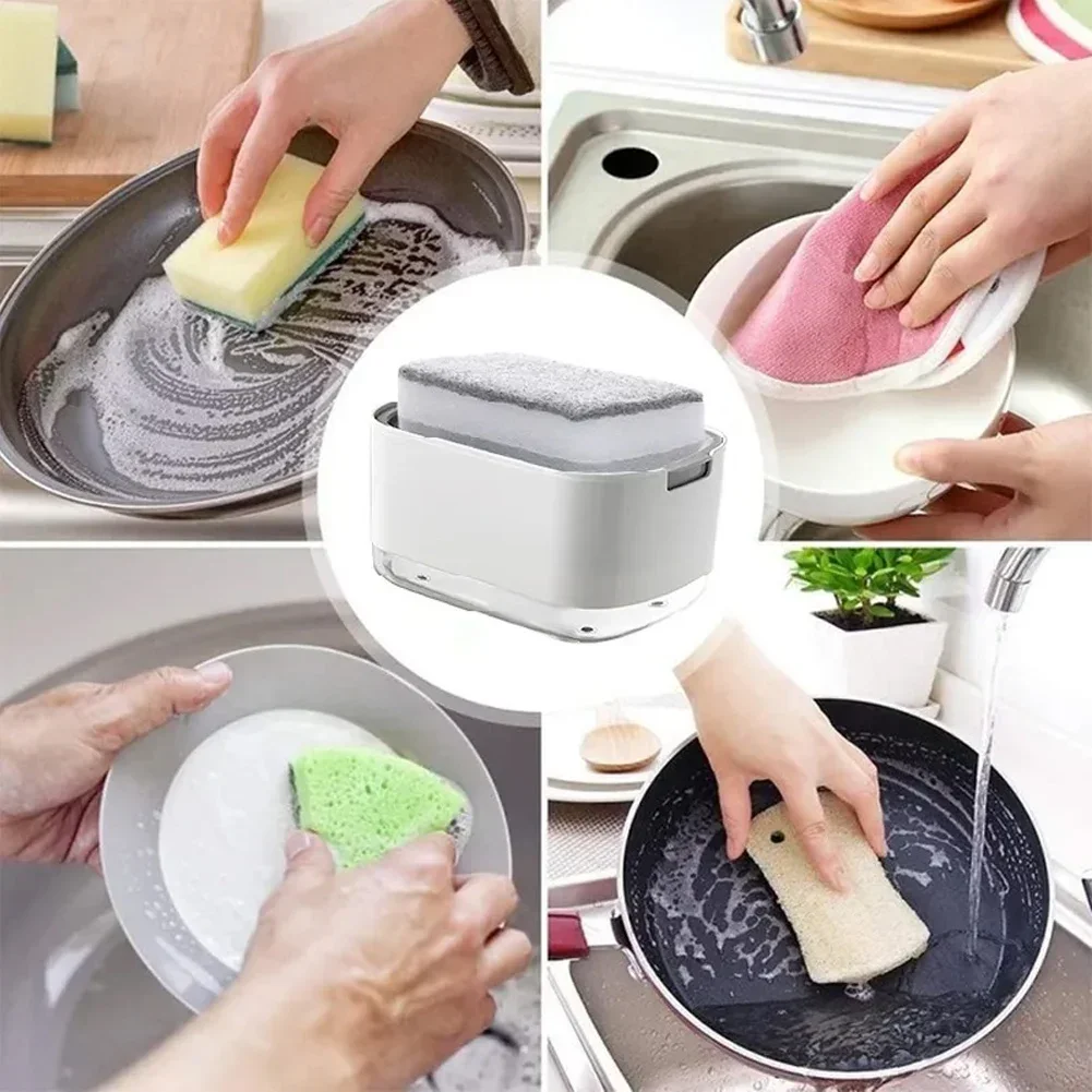 Soap Dispenser Box Press Dispenser Scrubbing Liquid Container Kitchen Bathroom Automatic Detergent Foam Box With Sponge Holder