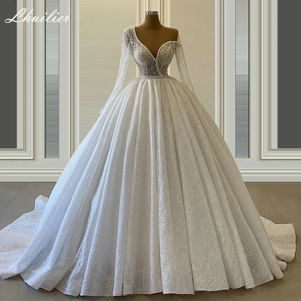 

Lhuilier Luxury Scoop Neck A-line Lace Wedding Dresses Full Sleeves Pearls Beaded See Through Bridal Dress with Court Train