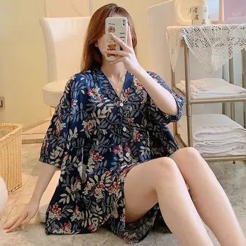 Pantaloncini a maniche corte Pigiama di seta di cotone per donna Sottile abito giapponese Cardigan Studente di cotone estivo Abiti larghi per la casa 1