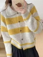 Retro Korean Striped Loose Women's Knitwear Cardigan Casual Sle Long Sve Collared Sweater Autumn Winter Faion Small Size