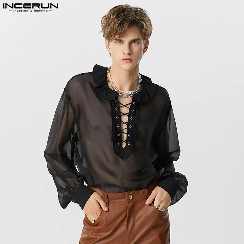 

INCERUN Tops 2023 American Style New Men's Ruffled Tie Loose Shirts Sexy Fashion Male Thin Perspective Long Sleeved Blouse S-5XL