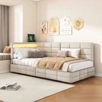 Rosahqnda Lit enfant 90x200cm, lit rembourré avec USB et lumière LED, canapé-lit simple avec 2 tiroirs, tissu en lin, sans matelas 3