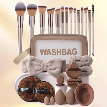 31PCS Makeup Tools:1PCS storage bag+14PCS Makeup brush set+6PCS Makeup Tools+10PCS Makeup Sponges 1