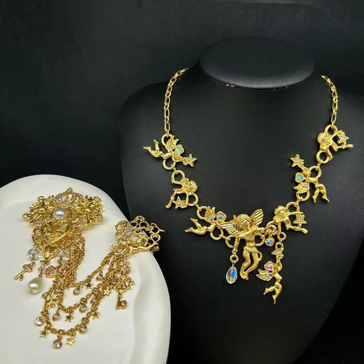 vintage Western Angel Star Elf Crystal Necklace brooch