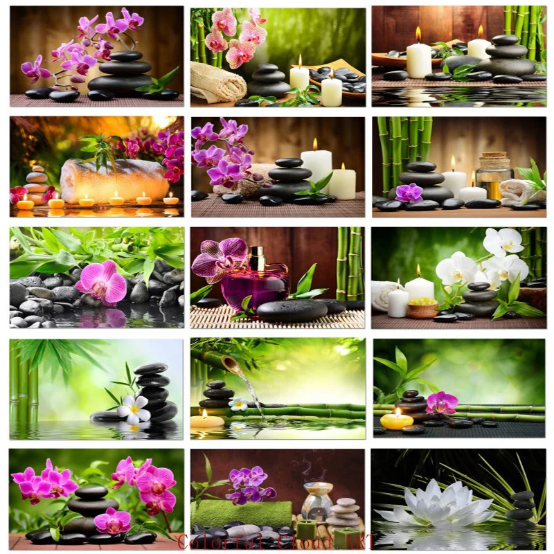 Zen Stone Green Bamboo Red Flowers Poster Canvas Painting Bagno Print Wall Art Stone Scene Picture Home Decor Cuadros Gift