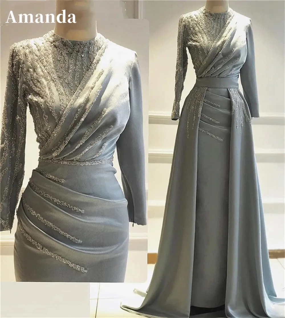 

Amanda Muslim A-line Prom Dress 2024 Modest Long Sleeves Satin Vestidos De Fiesta Elegant Detachable Train Beaded Formal Evening