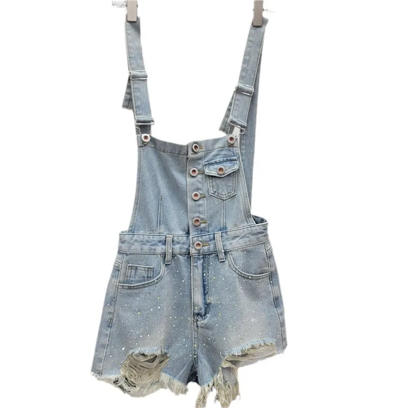 Hot Drilling Sweet Denim Suspender Shorts Female Student 2024 Summer Fashion Preppy Style A- Line Ripped One-Piece Hot Pants