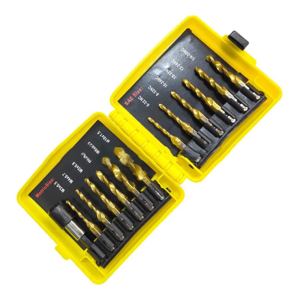 

13pcs Tap Bit Combination Drill With Quick Change Adapter Screw Tapping Drilling Bit M3-M10 1/4'' Hex Shank For Wood PVC Cutting