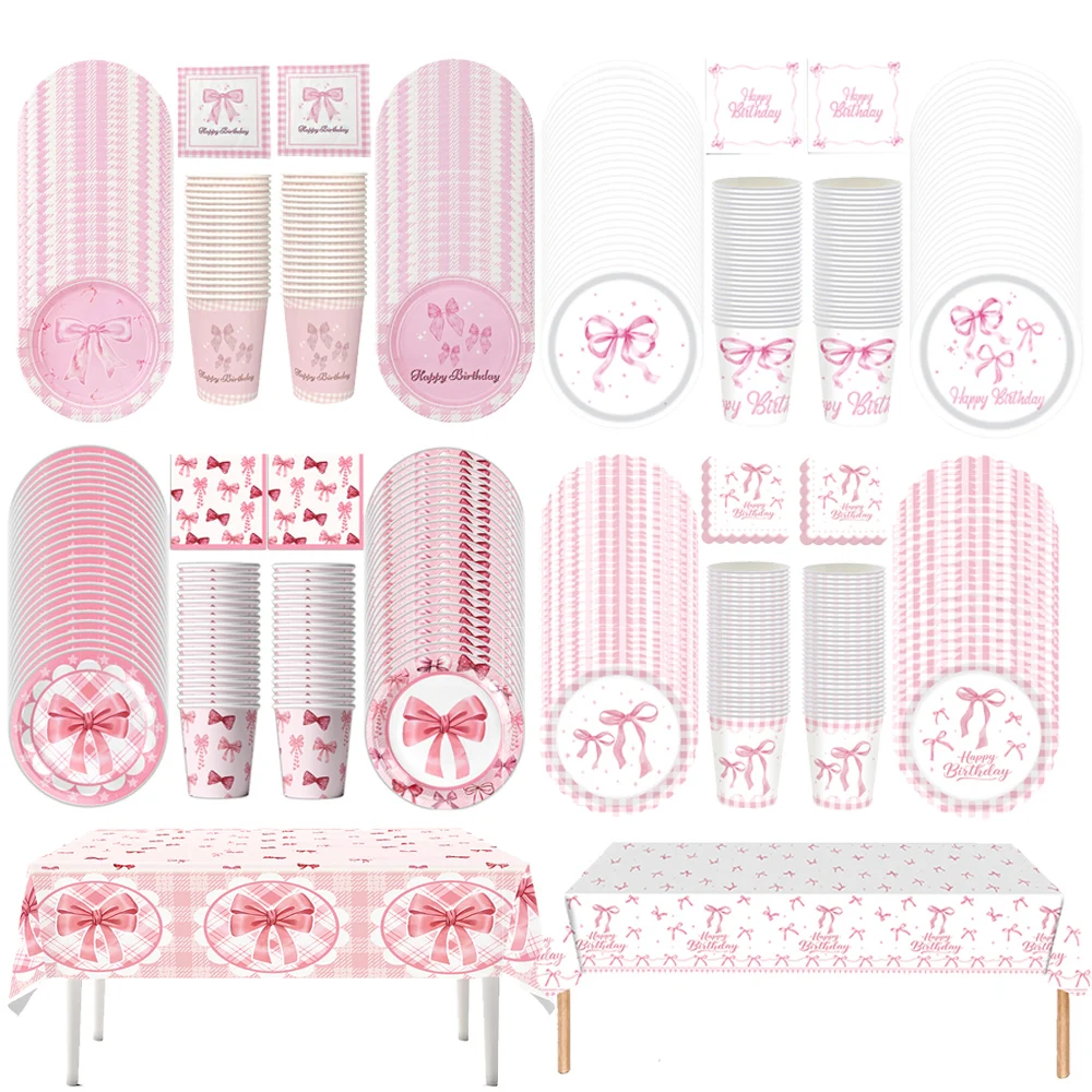 Pink Bow Disposable Party Tableware Set – Plates, Cups, Napkins for Birthday, Wedding & Baby Shower Decor