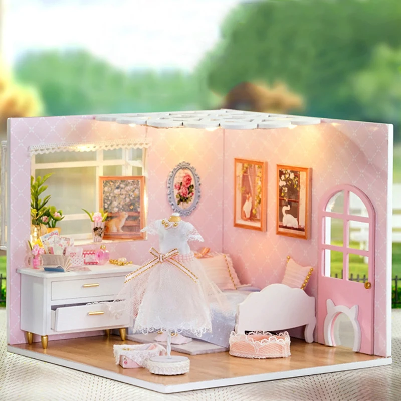 Wooden Miniature Dollhouse DIY Kit with Furniture - Princess Bedroom Decor & Toy Gift