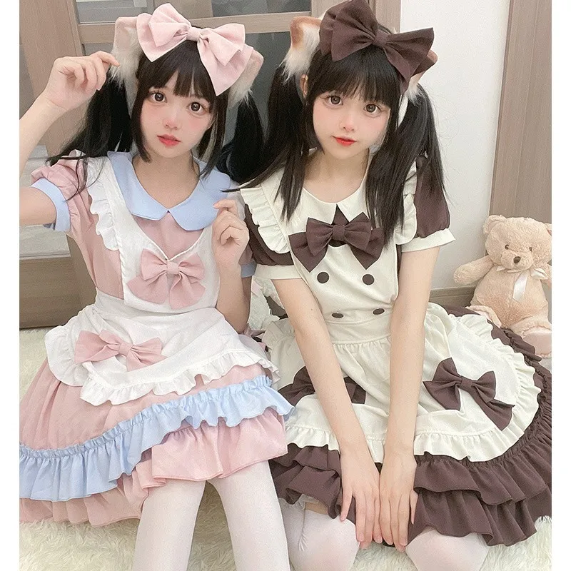 

Women Lolita Dress Set Dress+apron+headwea Japanese Cafe Maid Dress Gothic Retro Sweet Girls Lolita Bow Ruffles Waitress Outfit
