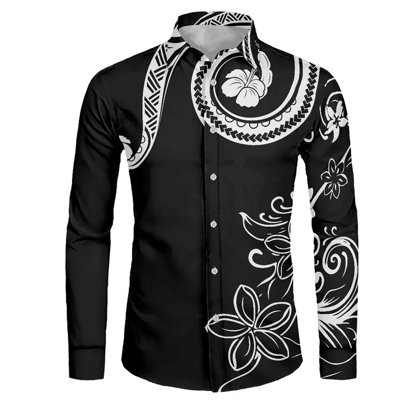 thumbnail image 1 of Camisas hawaianas con estampado 3D de tribu polinesia, camisas casuales de manga larga con cuello alto, blusa con botones para hombre, ropa de otoño, 1 of 5