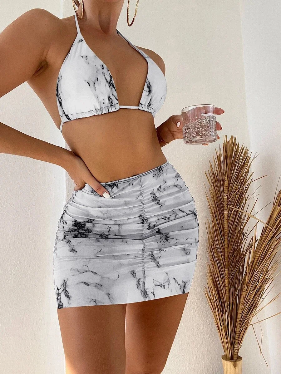 Women Two Piece Bikini Beach Dress 2022 Overseas Single New Marble Printed Bikini Swimsuit Three Piece Set Bikini