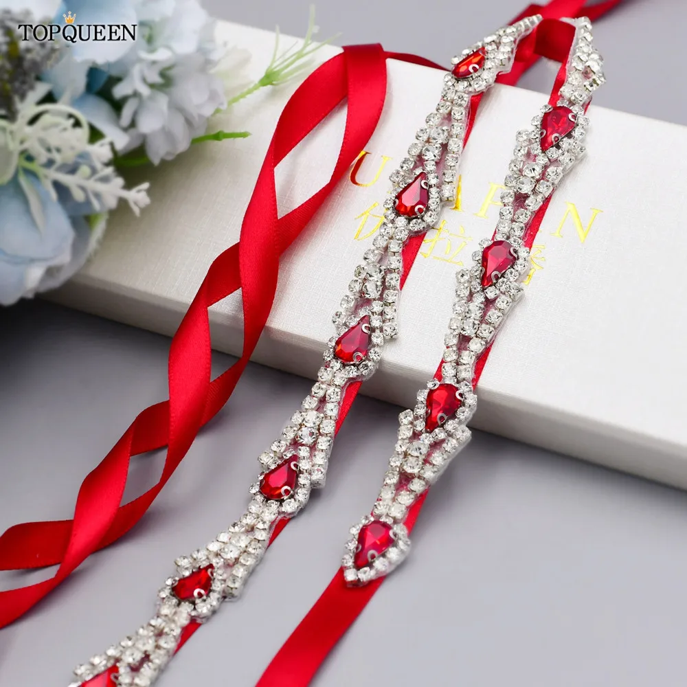 TOPQUEEN S31 Luxury Wedding Dress Belts Bridal with Red Rhinestones Crystal Applique Thin Sparkly Diamond Sash Women Jewel Gift