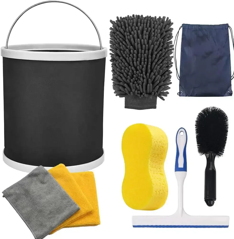 Baceyong Kit di strumenti per la pulizia dell'autolavaggio, kit di spazzole per dettagli automobilistici, in microfibra, borsa per riporre asciugamani adatta per interni auto, grigio