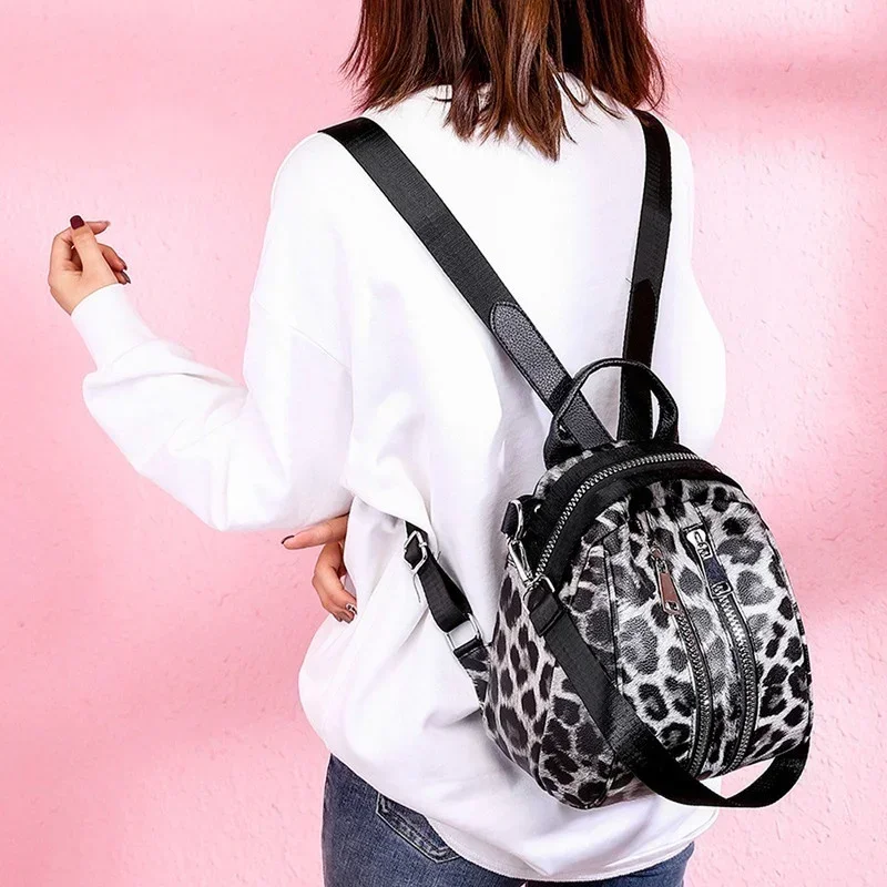 

2023 New European and American Style Retro PU Soft Leather Backpack Women's Large Capacity Travel Backpack Leopard Pattern Bag