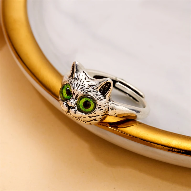 Neue süße silberfarbene Katzenringe für Damen, 3-farbige Katzenaugen, offener Paarring, Gothic-Hochzeits-Fingeraccessoires – Detail 13