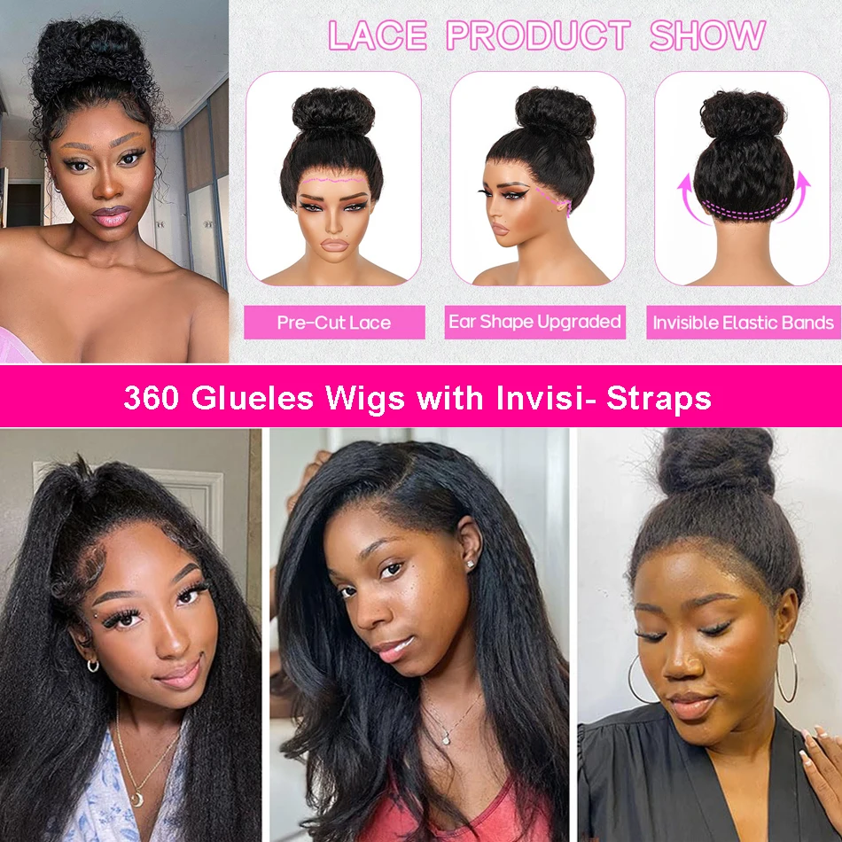 360 Lace Frontal Wig 360 Pre Cut Lace Wig Invisible Strap Glueless Kinky Straight Yaki Straight Human Hair Wigs Bleacked Knots lace front wig human hair wigs 360 lace wig